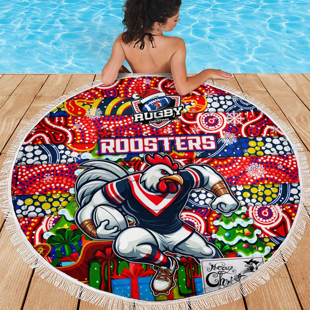 Roosters Rugby Merry Christmas Beach Blanket Indigenous Australian Art