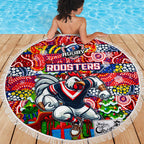 Roosters Rugby Merry Christmas Beach Blanket Indigenous Australian Art
