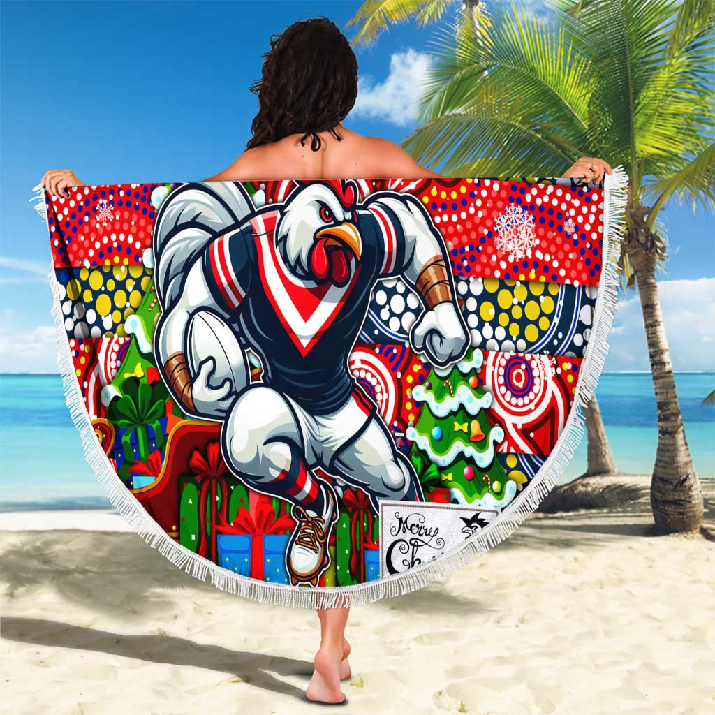 Roosters Rugby Merry Christmas Beach Blanket Indigenous Australian Art