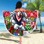 Roosters Rugby Merry Christmas Beach Blanket Indigenous Australian Art