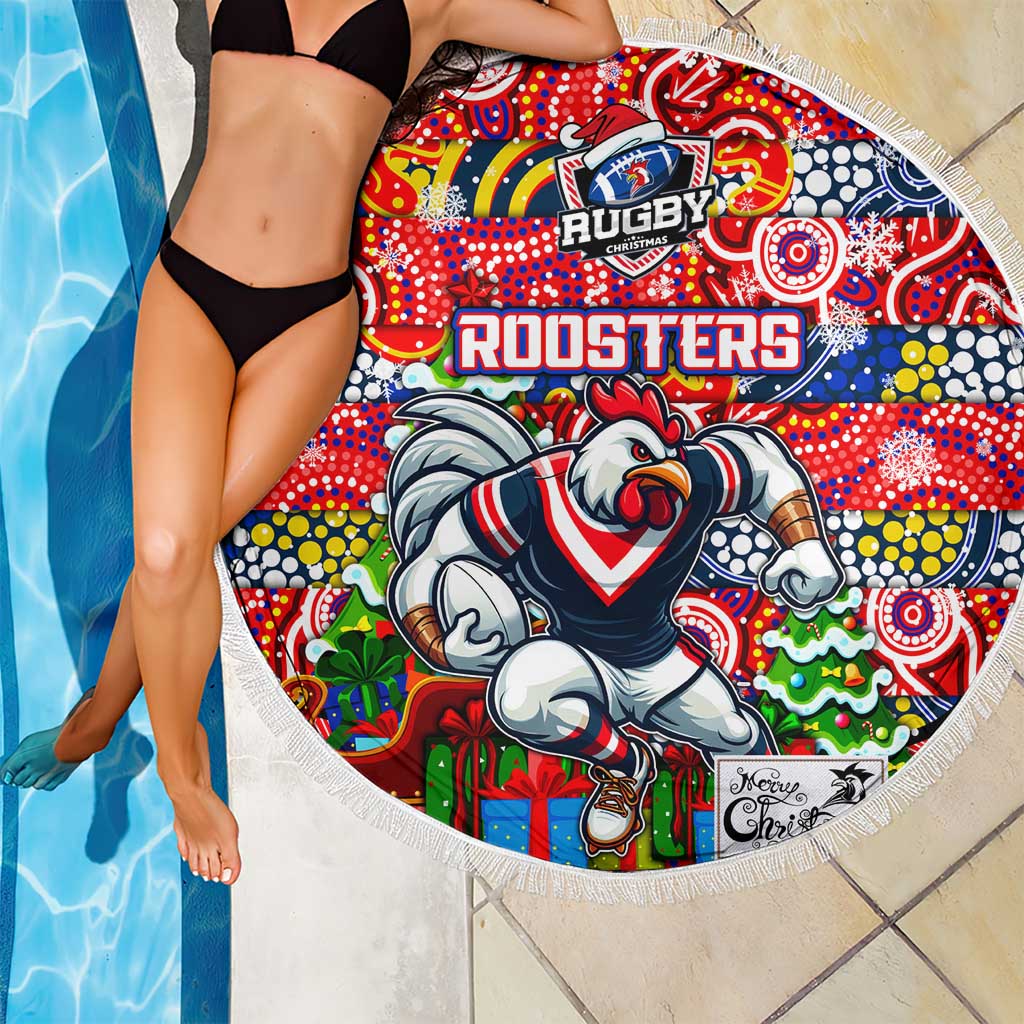 Roosters Rugby Merry Christmas Beach Blanket Indigenous Australian Art