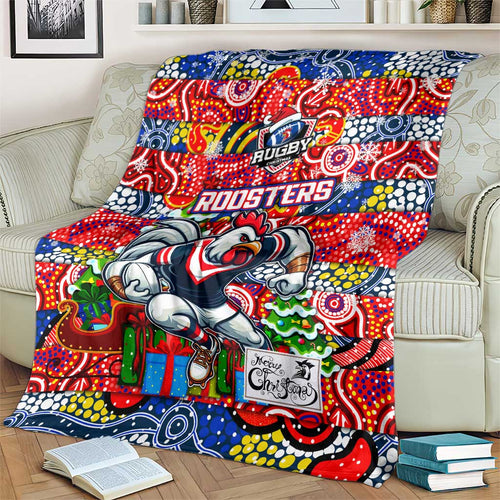 Roosters Rugby Merry Christmas Blanket Indigenous Australian Art