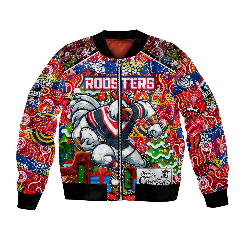 Custom Roosters Rugby Merry Christmas Bomber Jacket Indigenous Australian Art