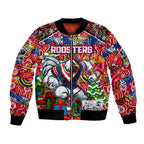 Custom Roosters Rugby Merry Christmas Bomber Jacket Indigenous Australian Art