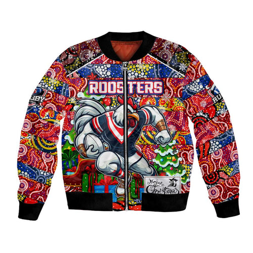 Custom Roosters Rugby Merry Christmas Bomber Jacket Indigenous Australian Art