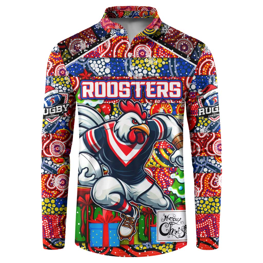 Custom Roosters Rugby Merry Christmas Button Sweatshirt Indigenous Australian Art