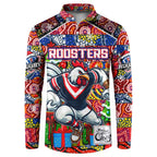 Custom Roosters Rugby Merry Christmas Button Sweatshirt Indigenous Australian Art
