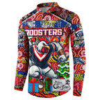 Custom Roosters Rugby Merry Christmas Button Sweatshirt Indigenous Australian Art