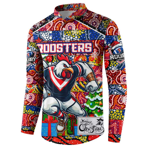 Custom Roosters Rugby Merry Christmas Button Sweatshirt Indigenous Australian Art