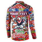 Custom Roosters Rugby Merry Christmas Button Sweatshirt Indigenous Australian Art