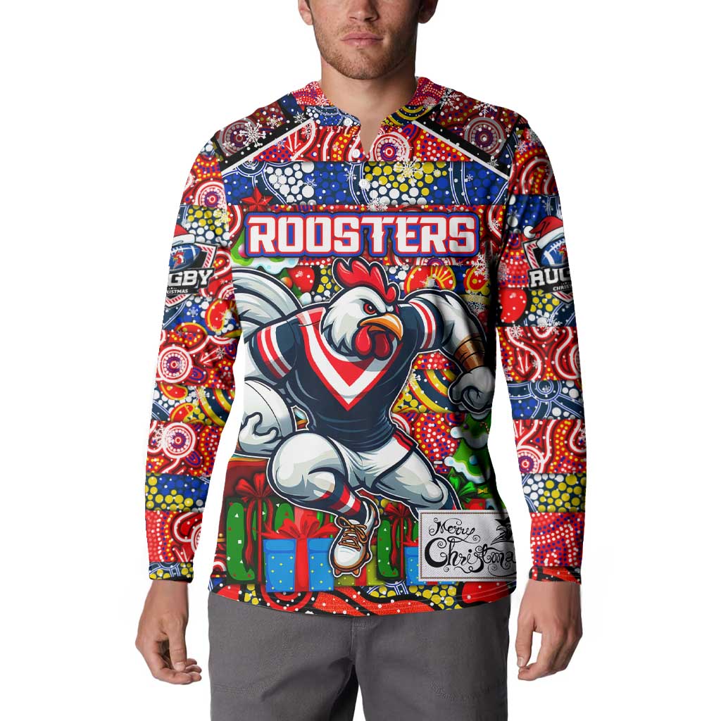 Custom Roosters Rugby Merry Christmas Button Sweatshirt Indigenous Australian Art