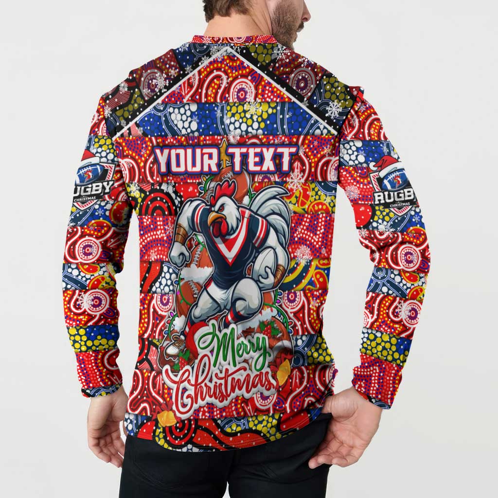 Custom Roosters Rugby Merry Christmas Button Sweatshirt Indigenous Australian Art