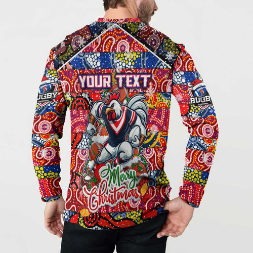 Custom Roosters Rugby Merry Christmas Button Sweatshirt Indigenous Australian Art