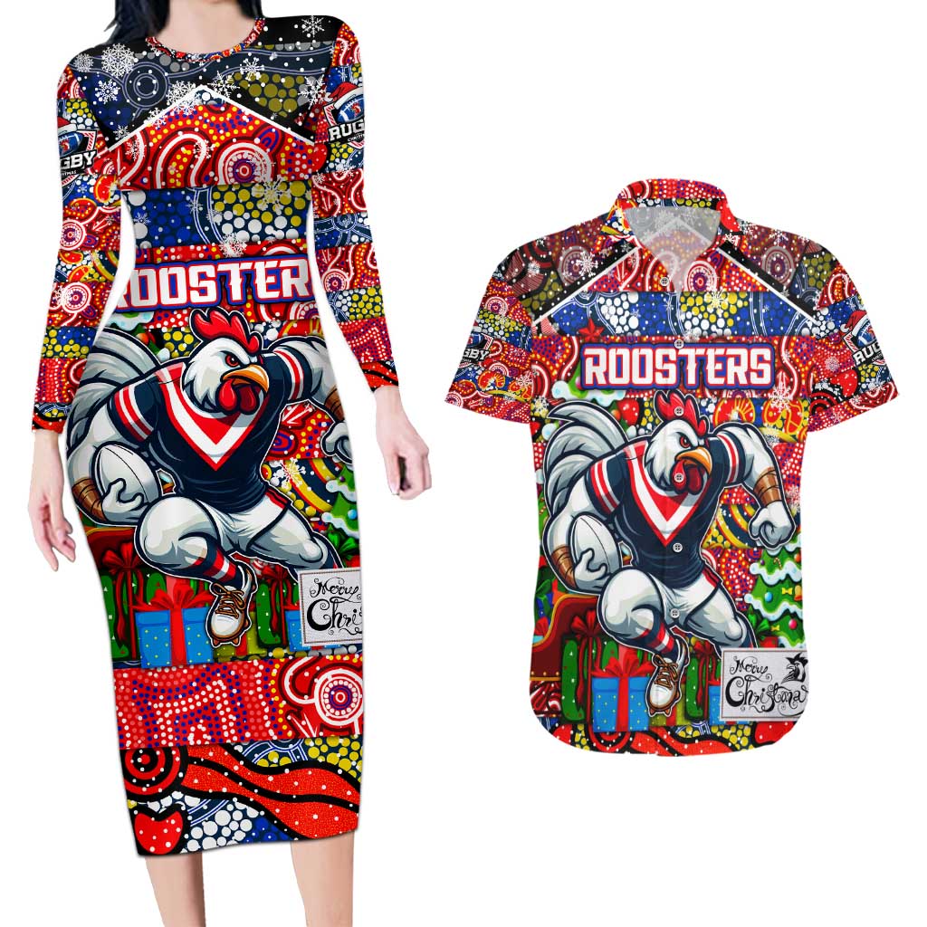 Custom Roosters Rugby Merry Christmas Couples Matching Long Sleeve Bodycon Dress and Hawaiian Shirt Indigenous Australian Art