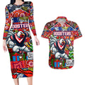 Custom Roosters Rugby Merry Christmas Couples Matching Long Sleeve Bodycon Dress and Hawaiian Shirt Indigenous Australian Art