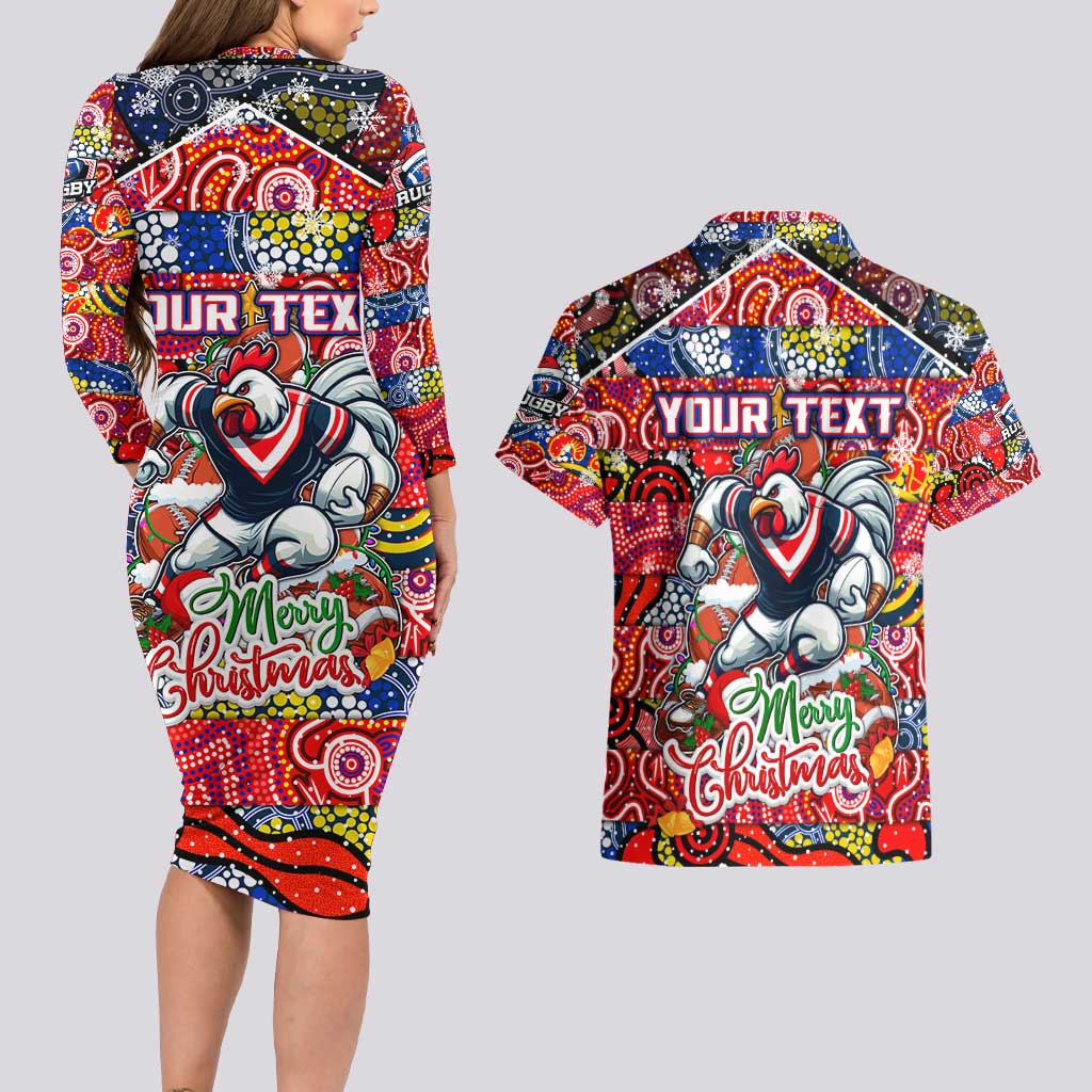 Custom Roosters Rugby Merry Christmas Couples Matching Long Sleeve Bodycon Dress and Hawaiian Shirt Indigenous Australian Art