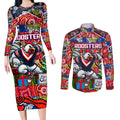 Custom Roosters Rugby Merry Christmas Couples Matching Long Sleeve Bodycon Dress and Long Sleeve Button Shirt Indigenous Australian Art