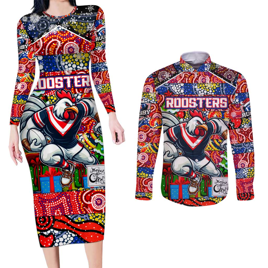 Custom Roosters Rugby Merry Christmas Couples Matching Long Sleeve Bodycon Dress and Long Sleeve Button Shirt Indigenous Australian Art