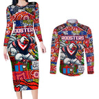 Custom Roosters Rugby Merry Christmas Couples Matching Long Sleeve Bodycon Dress and Long Sleeve Button Shirt Indigenous Australian Art