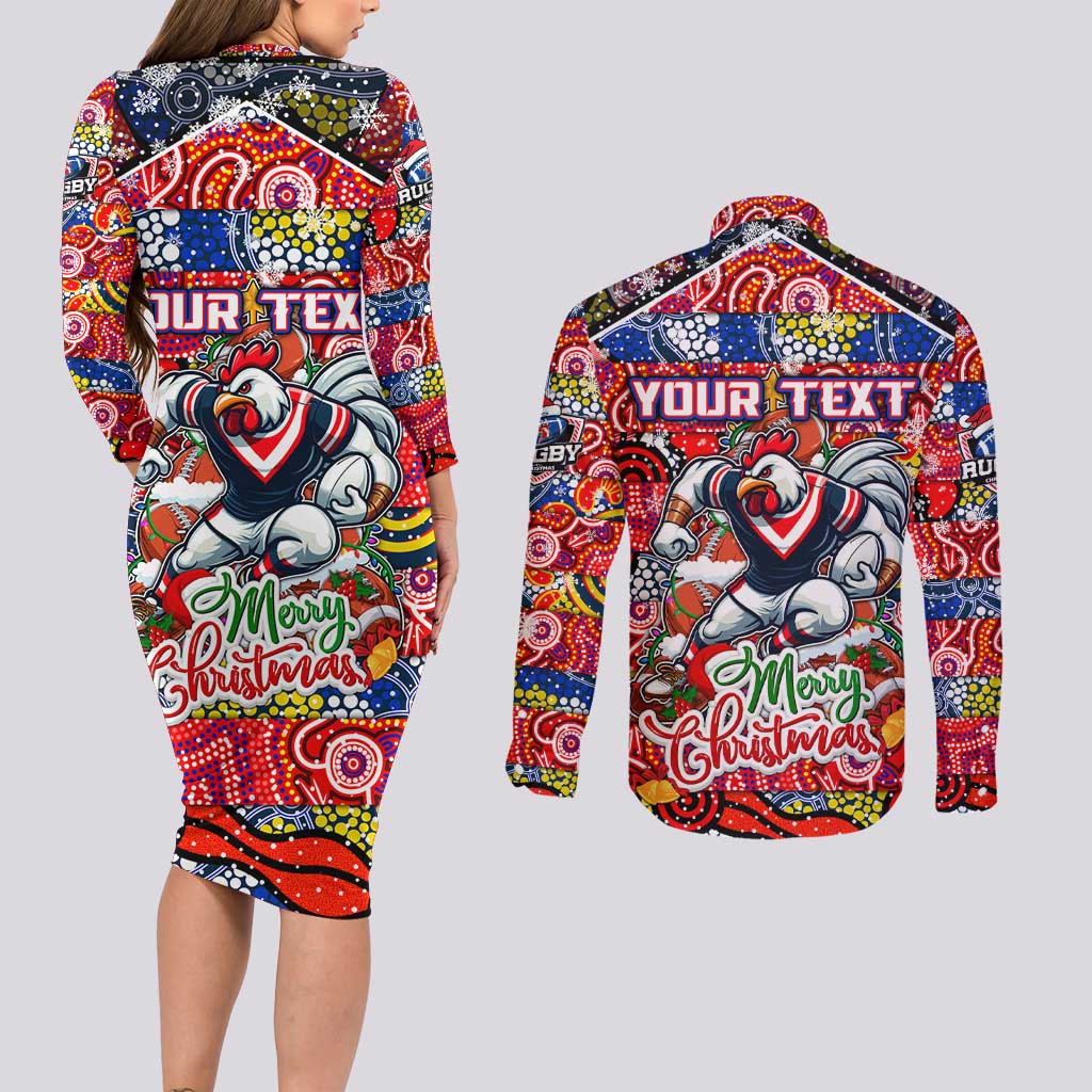 Custom Roosters Rugby Merry Christmas Couples Matching Long Sleeve Bodycon Dress and Long Sleeve Button Shirt Indigenous Australian Art