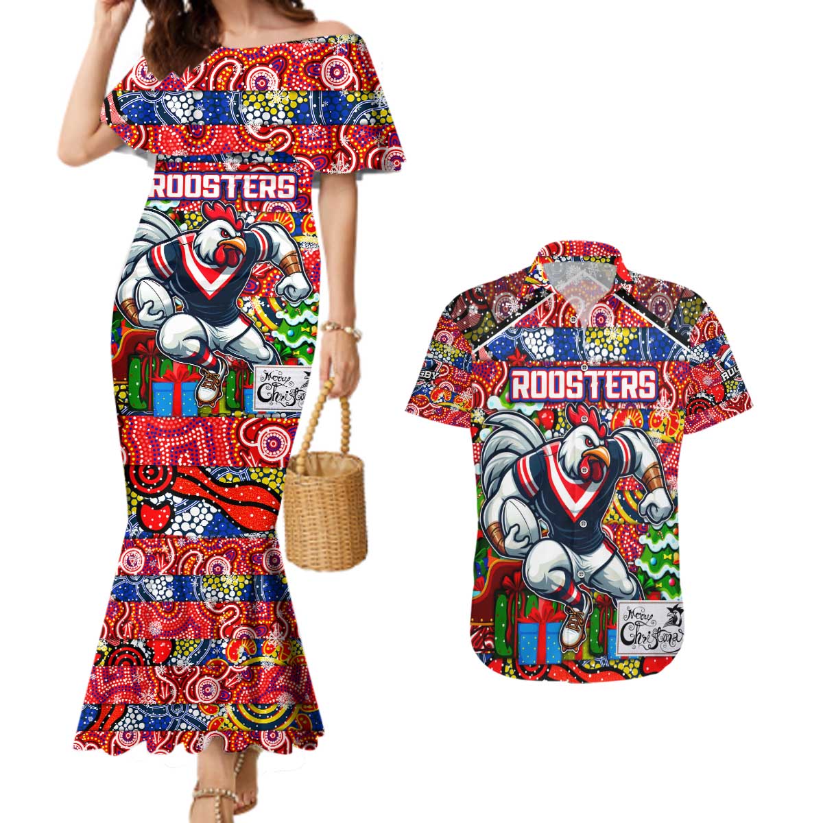 Custom Roosters Rugby Merry Christmas Couples Matching Mermaid Dress and Hawaiian Shirt Indigenous Australian Art