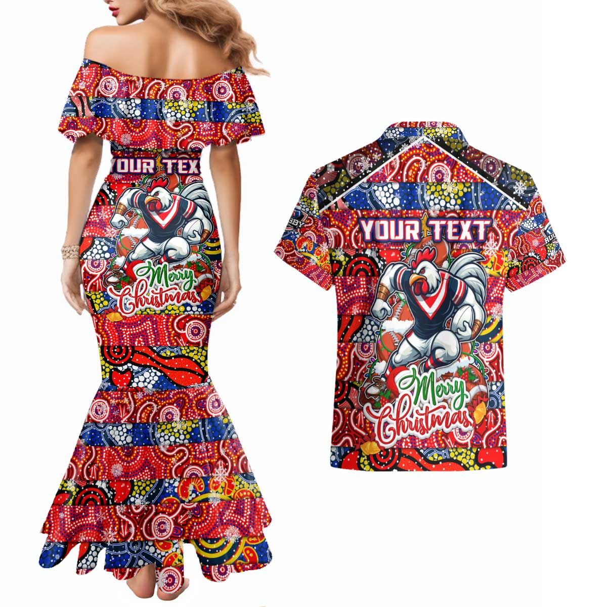 Custom Roosters Rugby Merry Christmas Couples Matching Mermaid Dress and Hawaiian Shirt Indigenous Australian Art