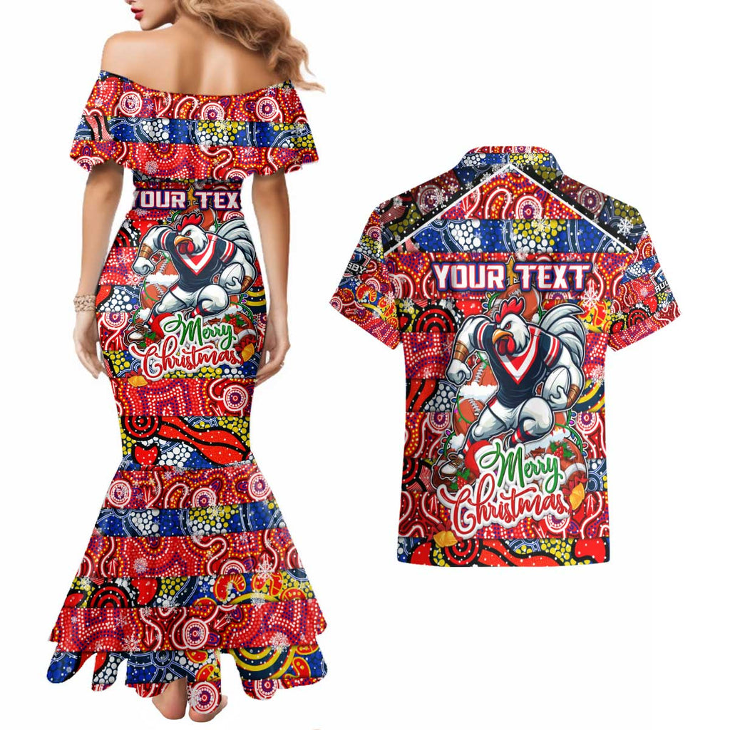 Custom Roosters Rugby Merry Christmas Couples Matching Mermaid Dress and Hawaiian Shirt Indigenous Australian Art