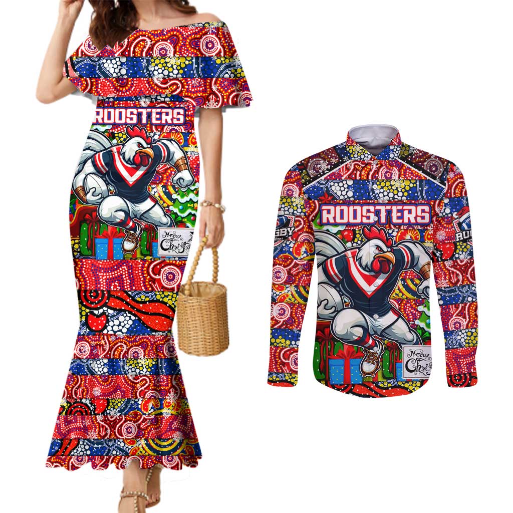 Custom Roosters Rugby Merry Christmas Couples Matching Mermaid Dress and Long Sleeve Button Shirt Indigenous Australian Art