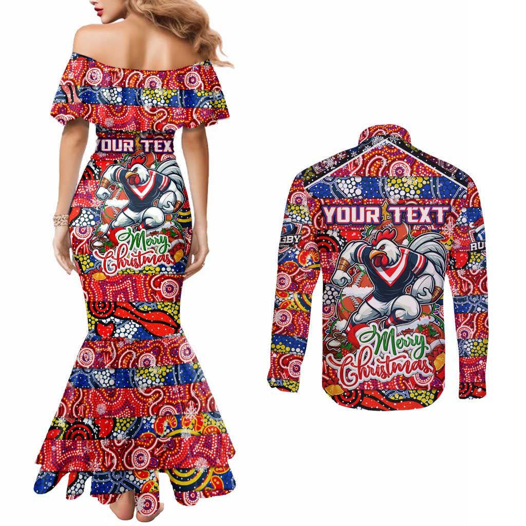 Custom Roosters Rugby Merry Christmas Couples Matching Mermaid Dress and Long Sleeve Button Shirt Indigenous Australian Art