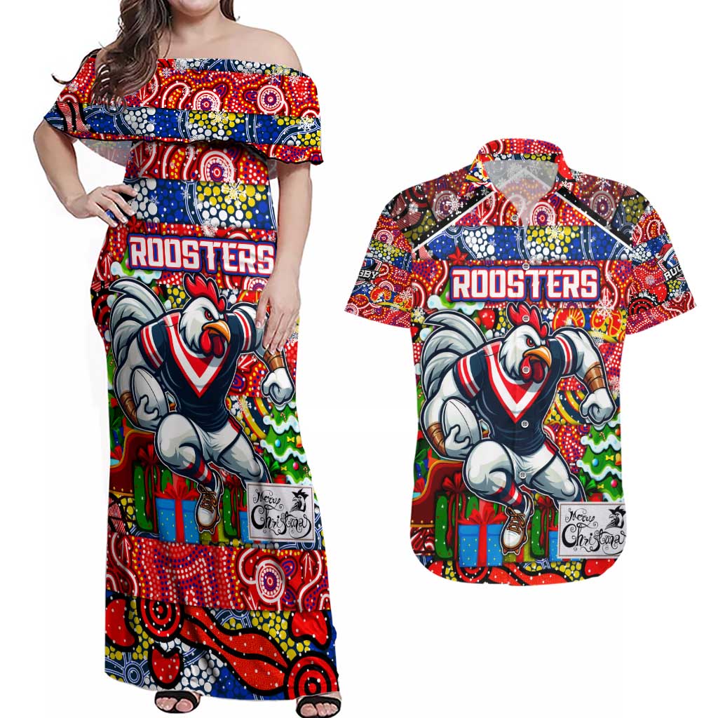 Custom Roosters Rugby Merry Christmas Couples Matching Off Shoulder Maxi Dress and Hawaiian Shirt Indigenous Australian Art