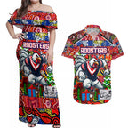 Custom Roosters Rugby Merry Christmas Couples Matching Off Shoulder Maxi Dress and Hawaiian Shirt Indigenous Australian Art
