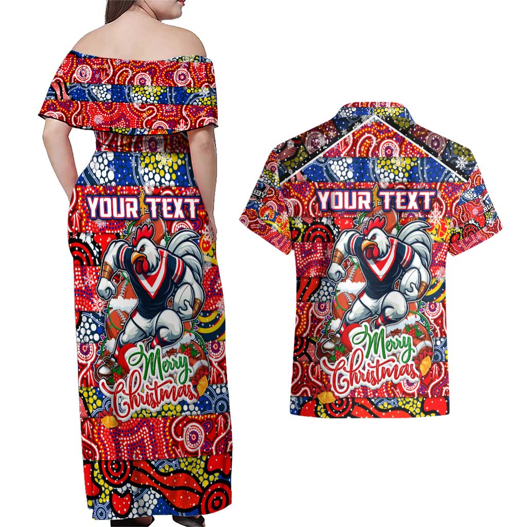 Custom Roosters Rugby Merry Christmas Couples Matching Off Shoulder Maxi Dress and Hawaiian Shirt Indigenous Australian Art