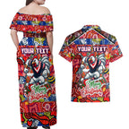 Custom Roosters Rugby Merry Christmas Couples Matching Off Shoulder Maxi Dress and Hawaiian Shirt Indigenous Australian Art