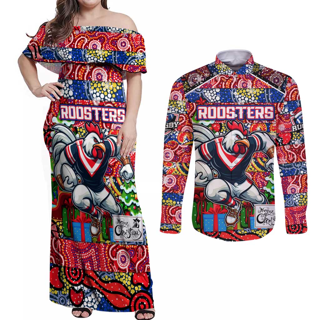 Custom Roosters Rugby Merry Christmas Couples Matching Off Shoulder Maxi Dress and Long Sleeve Button Shirt Indigenous Australian Art