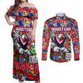 Custom Roosters Rugby Merry Christmas Couples Matching Off Shoulder Maxi Dress and Long Sleeve Button Shirt Indigenous Australian Art
