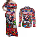 Custom Roosters Rugby Merry Christmas Couples Matching Off Shoulder Maxi Dress and Long Sleeve Button Shirt Indigenous Australian Art