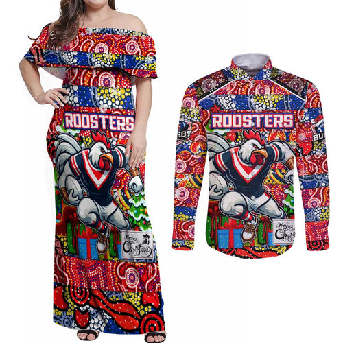 Custom Roosters Rugby Merry Christmas Couples Matching Off Shoulder Maxi Dress and Long Sleeve Button Shirt Indigenous Australian Art