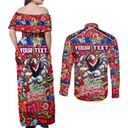 Custom Roosters Rugby Merry Christmas Couples Matching Off Shoulder Maxi Dress and Long Sleeve Button Shirt Indigenous Australian Art