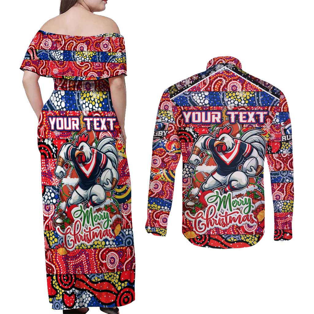Custom Roosters Rugby Merry Christmas Couples Matching Off Shoulder Maxi Dress and Long Sleeve Button Shirt Indigenous Australian Art