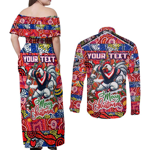Custom Roosters Rugby Merry Christmas Couples Matching Off Shoulder Maxi Dress and Long Sleeve Button Shirt Indigenous Australian Art