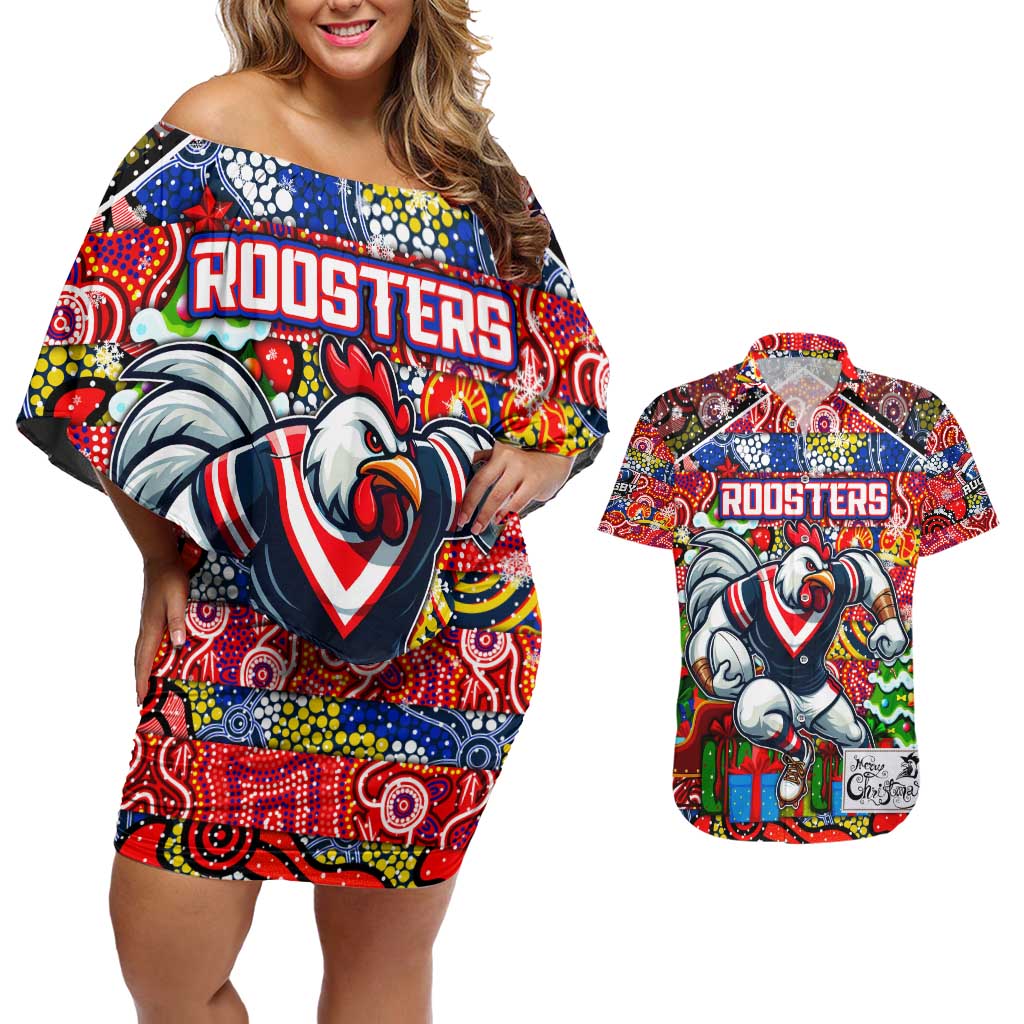 Custom Roosters Rugby Merry Christmas Couples Matching Off Shoulder Short Dress and Hawaiian Shirt Indigenous Australian Art
