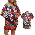 Custom Roosters Rugby Merry Christmas Couples Matching Off Shoulder Short Dress and Hawaiian Shirt Indigenous Australian Art