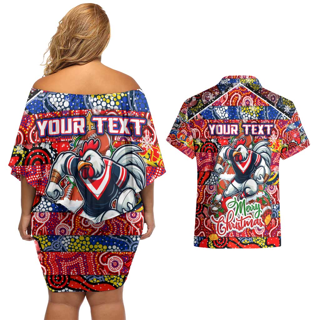 Custom Roosters Rugby Merry Christmas Couples Matching Off Shoulder Short Dress and Hawaiian Shirt Indigenous Australian Art