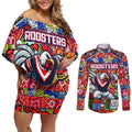 Custom Roosters Rugby Merry Christmas Couples Matching Off Shoulder Short Dress and Long Sleeve Button Shirt Indigenous Australian Art