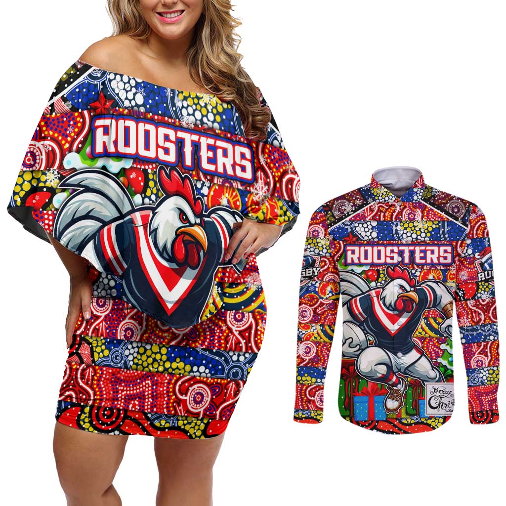 Custom Roosters Rugby Merry Christmas Couples Matching Off Shoulder Short Dress and Long Sleeve Button Shirt Indigenous Australian Art