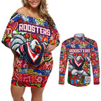 Custom Roosters Rugby Merry Christmas Couples Matching Off Shoulder Short Dress and Long Sleeve Button Shirt Indigenous Australian Art