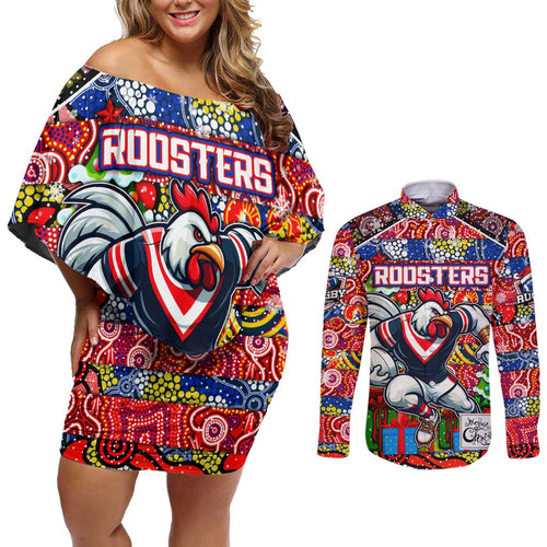Custom Roosters Rugby Merry Christmas Couples Matching Off Shoulder Short Dress and Long Sleeve Button Shirt Indigenous Australian Art