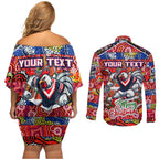 Custom Roosters Rugby Merry Christmas Couples Matching Off Shoulder Short Dress and Long Sleeve Button Shirt Indigenous Australian Art