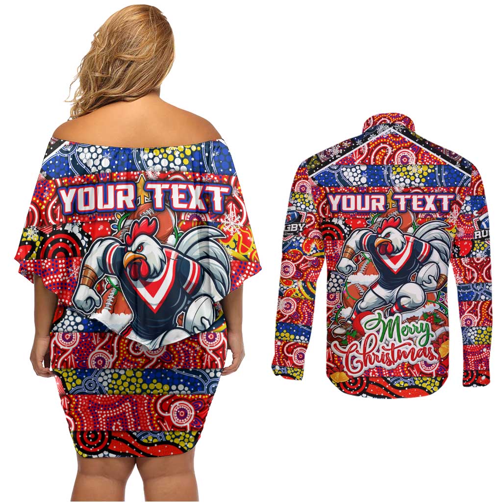 Custom Roosters Rugby Merry Christmas Couples Matching Off Shoulder Short Dress and Long Sleeve Button Shirt Indigenous Australian Art