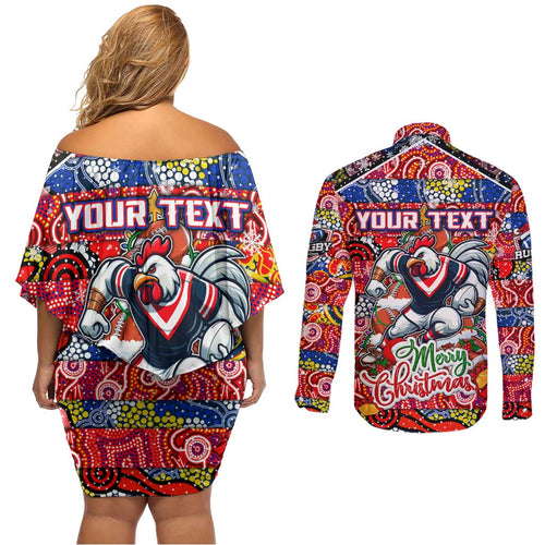 Custom Roosters Rugby Merry Christmas Couples Matching Off Shoulder Short Dress and Long Sleeve Button Shirt Indigenous Australian Art
